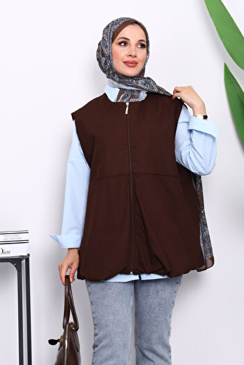 İmajButik Brown Zippered Oversize Lined Vest