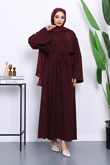 İmajButik Plum Waist-Tied Pleated Dress