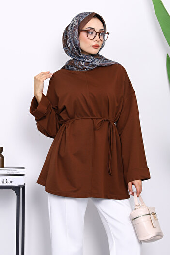 İmajButik Brown Tunic with Slits on the Sides and Drawstring Waist