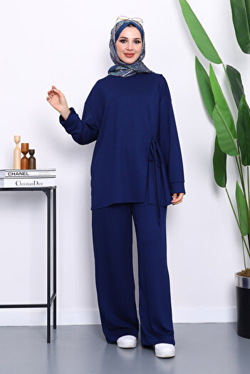 İmajButik Navy Blue Side Tie Tunic with Trousers Modal Suit