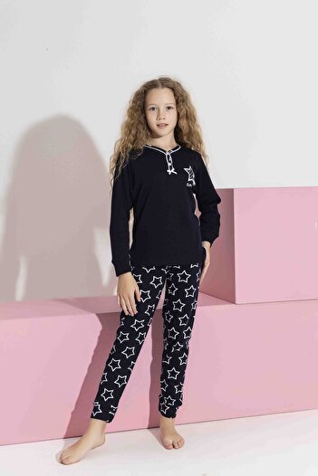 Tarık Girl's 100% Cotton Half Button Interlock Navy Blue Star Pattern Long Sleeve Travel Pajama Set