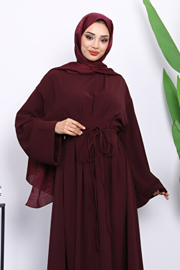 İmajButik Mürdüm Bel Bağlamalı Piliseli Elbise