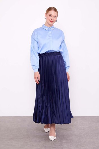 Levidor Navy Blue Pleated Satin Skirt