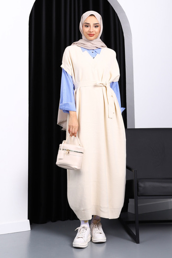 İmajButik Cream Shirt Garnished Belted Knitwear Dress