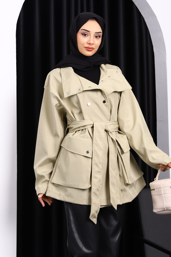İmajButik Light Khaki Oversize Pocketed Bondit Trench Coat