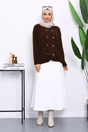 İmajButik Brown Heart Button Detailed Angora Soft Knitwear Cardigan