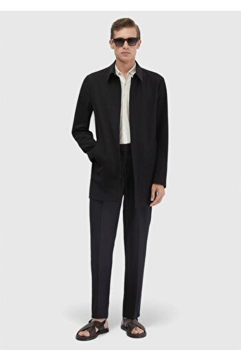 Ramsey Black Regular Fit Shirt Collar Casual Woven Overcoat