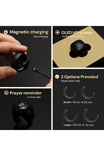 Generic Digital Prayer Ring by Weslamic, OLED Screen, Magnetic Charging, Size 18 and 20 mm, Black