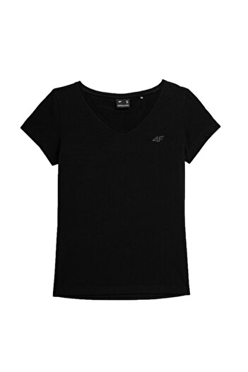 4F Women's plain cotton T-shirt regular black XS