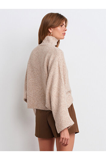 Dilvin 10817 Batwing Sleeve Wool Blend Knitwear Sweater-Beige Melange
