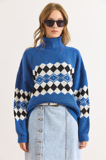 Olalook Women's Indigo Turtleneck Argyle Pattern Soft Textured Knitwear Sweater Kzk-19001022