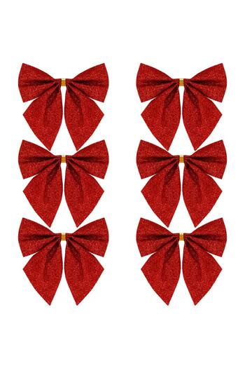 SERSIMO Set of 6 Christmas tree ornaments, bow, 8cm, red with glitter