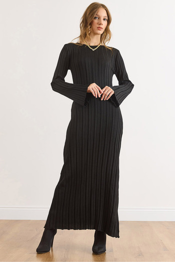 Olalook Women's Black Spanish Sleeve Belted Maxi Knit Dress Elb-19002546