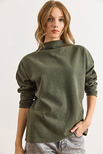 Olalook Women's Khaki Stand Collar Ribbed Thessaloniki Blouse Blz-19003137