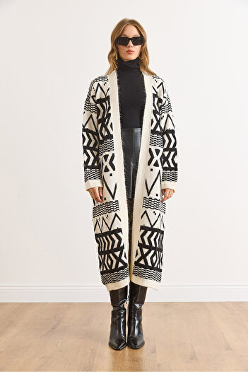 Olalook Women's Ecru Black Ethnic Pattern Soft Textured Long Knit Cardigan Hrk-19000421