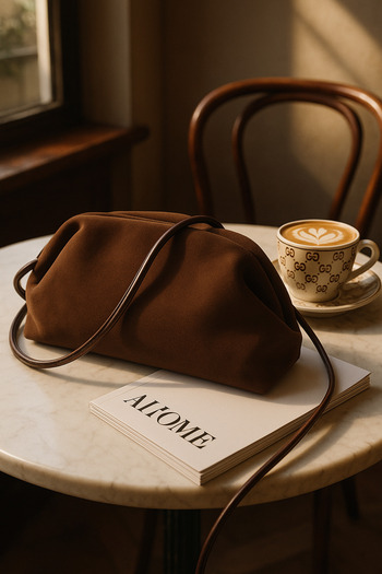 Selin Atelier Чанта през рамо и портфейл от суед с горчив кафе цвят