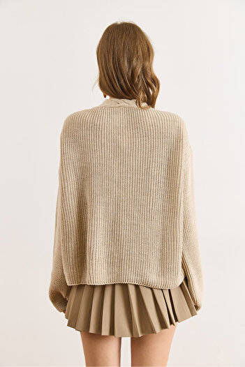Olalook Women's Beige Hair Braid Detailed Knitwear Cardigan Hrk-19000420