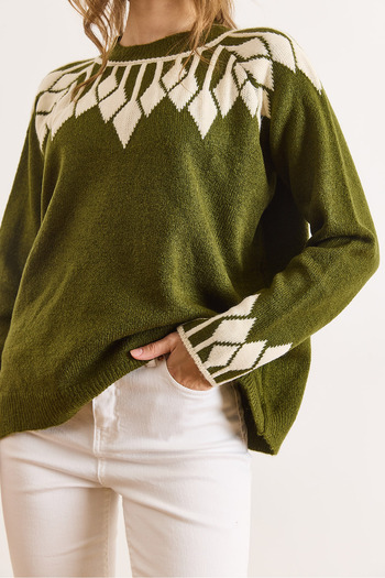 Olalook Pulover tricotat pentru femei, verde ulei, cu detaliu la manșete, KZK-19001023