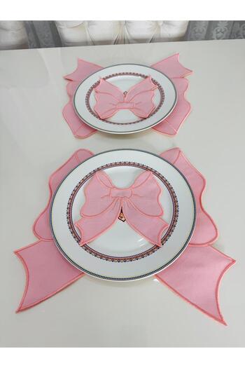 İNCİ ÇEYİZ 4 Pieces First Quality Linen Bow Pattern Embroidered American Serviette and Presentation Napkin