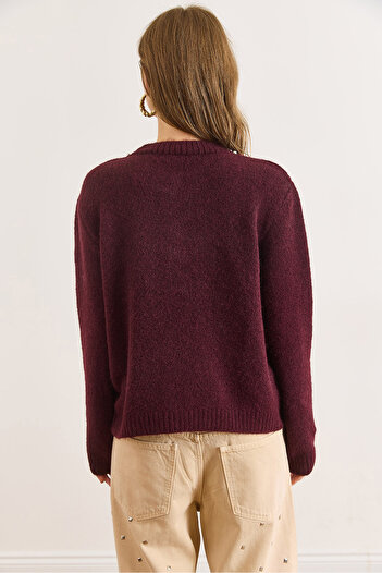 Olalook Women's Burgundy Collar Stone Detailed Heart Button Knitwear Cardigan Hrk-19000426