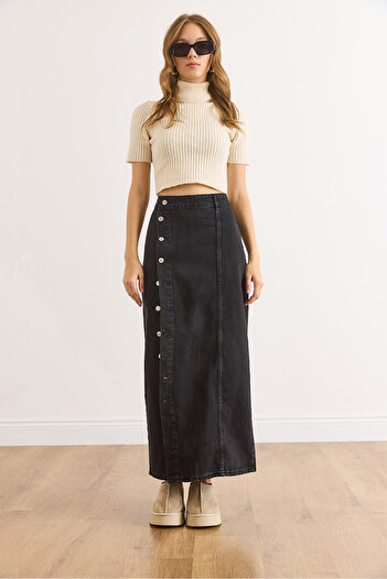 Olalook Women's Black Button Detailed Long Denim Skirt Etk-19000359