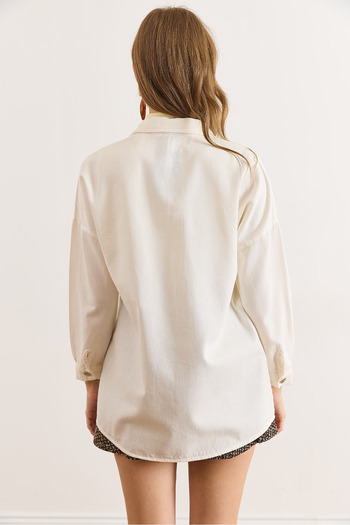 Olalook Women's White Double Pocket Cotton Gabardine Shirt Gml-19001272