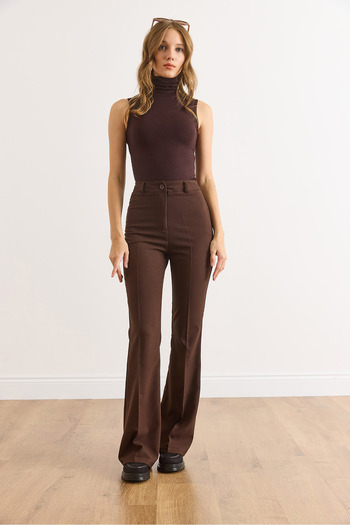Olalook Women's Brown Polyviscon Spanish Leg Draped Trousers Pnt-19000369
