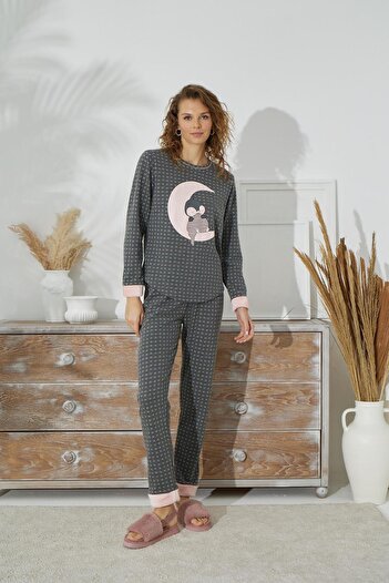 Sevim Women's Anthracite Color Long Sleeve Moon Printed Crew Neck Pajama Set C8T2N151