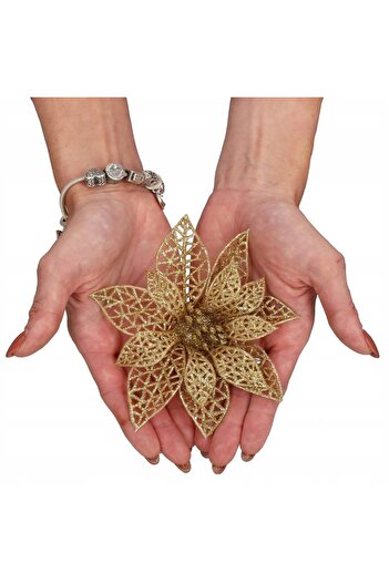 SERSIMO Set of 10 Christmas tree ornaments, Poinsettia star, 14cm, gold