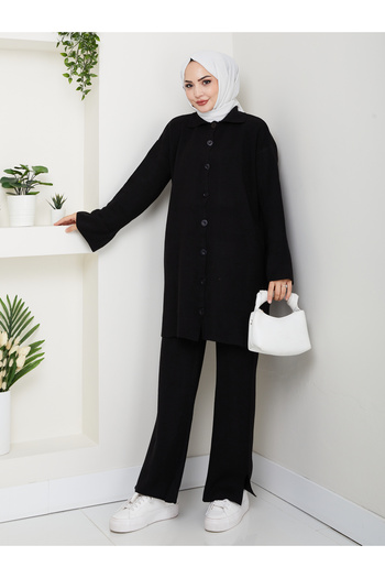 Kirazgym Oversize Ribbed Steel Knit Detailed Cardigan Pants Knitwear Set