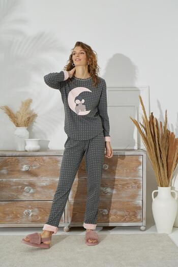 Sevim Women's Anthracite Color Long Sleeve Moon Printed Crew Neck Pajama Set C8T2N151