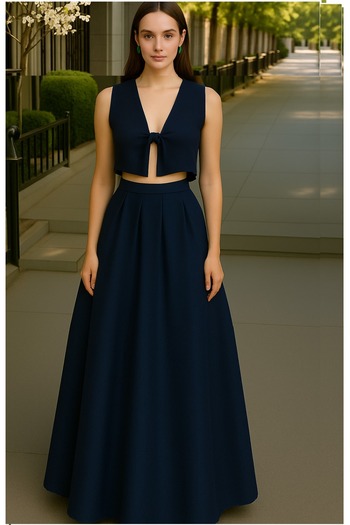 MadyaButik Women's Navy Blue Pocketless Pleated A-Line Evening Skirt