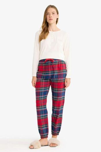 DeFacto New Year's Themed Elastic Waist Plaid Patterned Flannel Pajama Bottoms-Fall in Love (25 Wn)