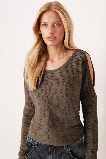 armonika Women's Khaki Soft Textured Off-Shoulder Blouse Arm-26K001024