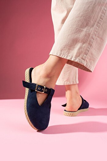 FUGA MODA Sabrosa Navy Blue Suede Buckle Front Closed Women's House Slippers