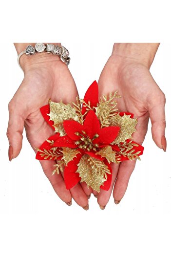 SERSIMO Set of 10 Christmas tree ornaments, Poinsettia star, 14cm, red gold