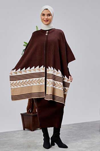 CNR TEKSTİL Tricot Poncho with Ethnic Patterned Accessories
