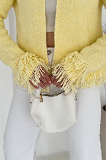 FEMELLE Women's Yellow Knitwear Cardigan Tassel Detailed One Button Neckline Standard Size