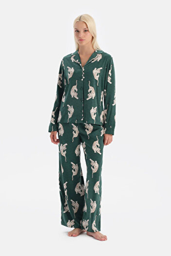 Dagi Dark Green Leopard Print Satin Trousers