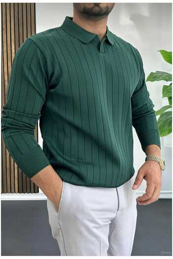 LİBASSİNİ Men's Open Collar Sports Fit Sweater Green