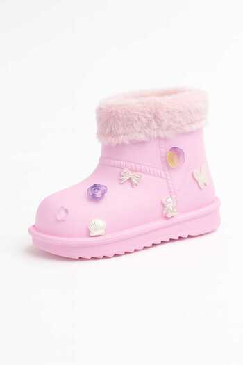 liasdesing 3D Bead and Figure Detailed Woolen Girl's Rain Boots with Fur