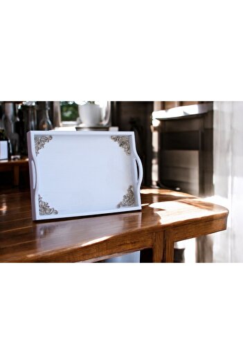 Decoratiuni Vintage Casa Retro Decorative wooden tray, vintage white, ornaments, hand-painted, 25 x 35 cm