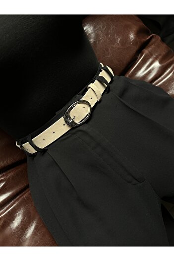 LİA KEMER Oval Patterned Silver Buckle Model Women's Belt Waist Belt Coat Belt Dress Belt Trouser Belt