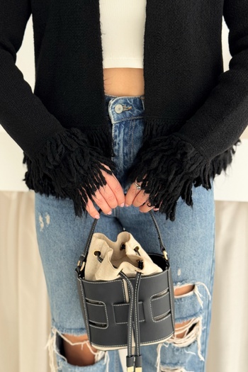 FEMELLE Women's Black Knitwear Cardigan Tassel Detailed One Button Neckline Standard Size
