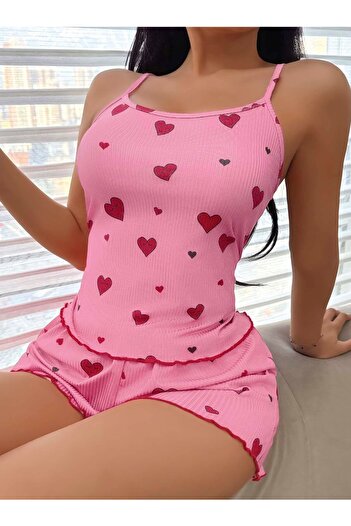 BUDİ HOME Women's Pink Heart Patterned Suspender Shorts Set 5103
