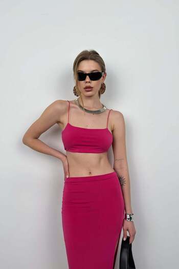 Maxi modena Strappy Crop Slit Fuchsia Skirt Set