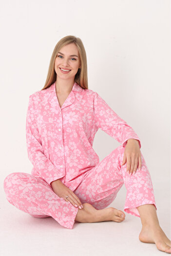 NBB 100% Cotton, Front Buttoned, with Pockets, Floral Pattern, Shirt Collar, Women's Pajama Set, Pink