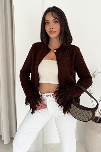 FEMELLE Women's Burgundy Knitwear Cardigan Tassel Detailed One Button Neckline Standard Size