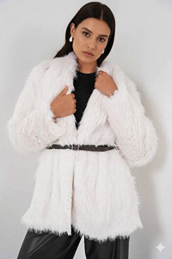 hazelin Women's White Belt Detailed Lined Plush Fur Coat Hzl25W-Bd191561