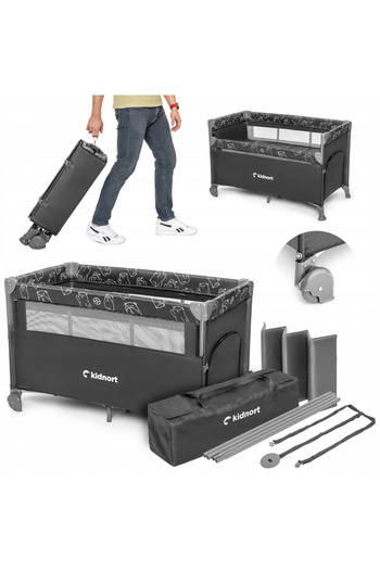 Kidnort Multifunctional 3-in-1 travel cot Naste Dark Grey with sliding side and 2 levels of inlay
